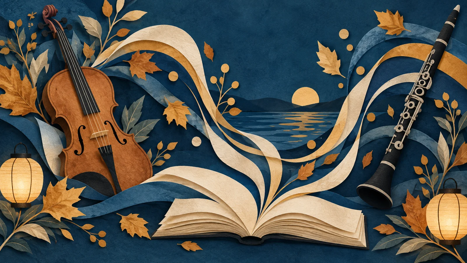 Ilustracja festiwalowa: skrzypce, klarnet, książka i jesienne liście