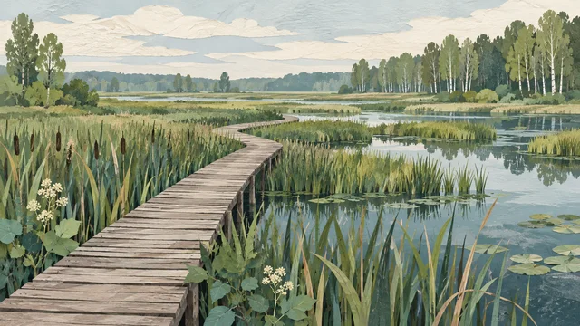 Poglądowa ilustracja drewnianej kładki wśród mokradeł