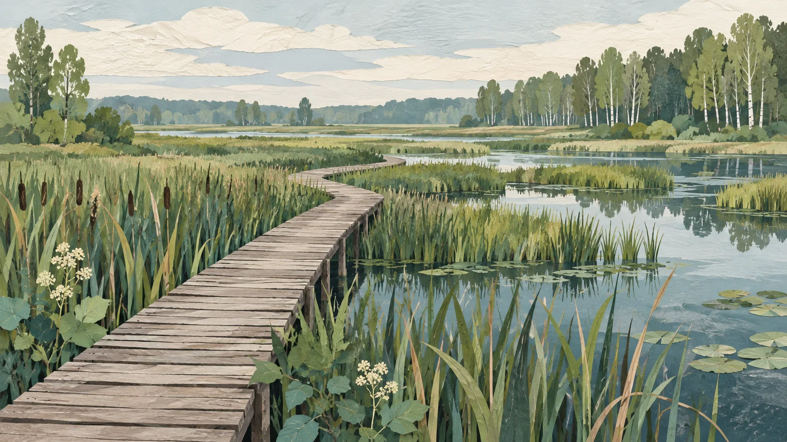 Poglądowa ilustracja drewnianej kładki prowadzącej przez mokradła