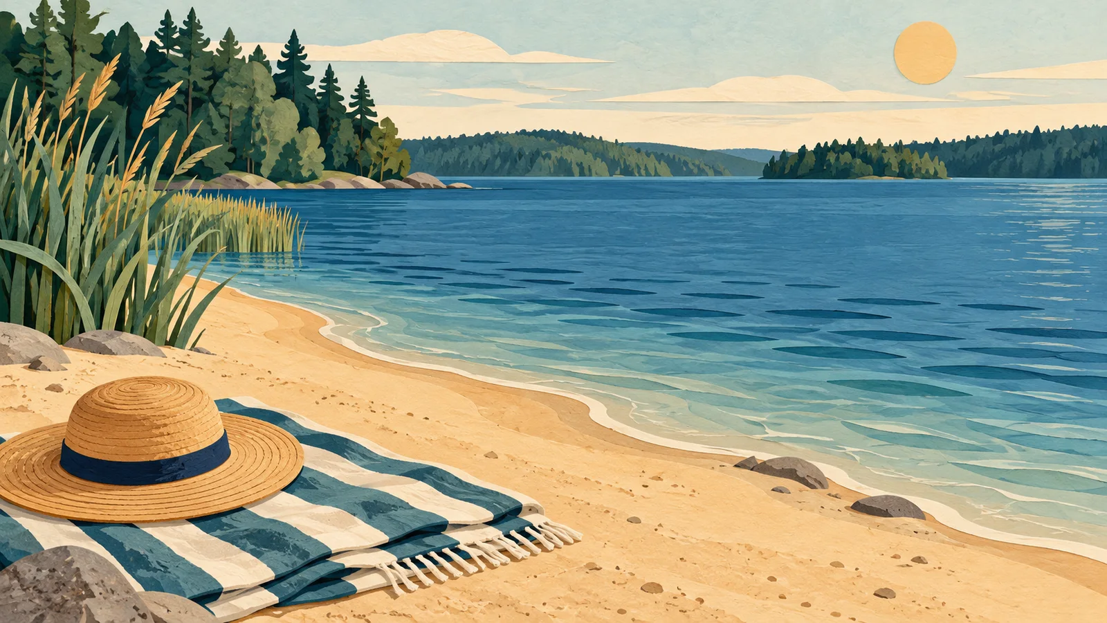 Poglądowa ilustracja piaszczystego brzegu jeziora, trzcin i plażowego ręcznika