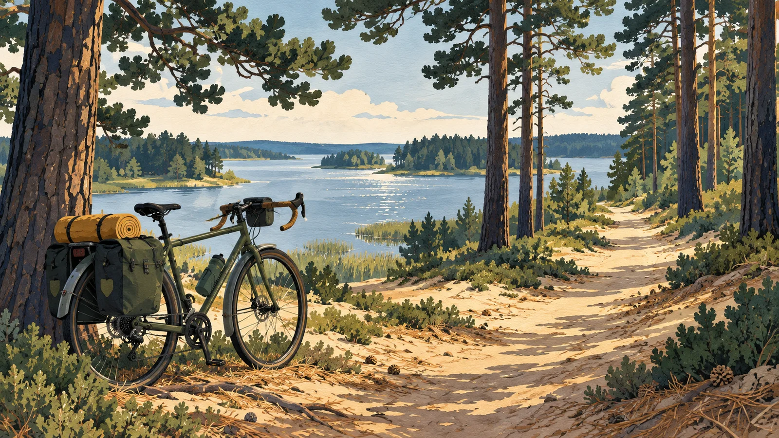 Poglądowa ilustracja roweru turystycznego przy piaszczystej leśnej drodze