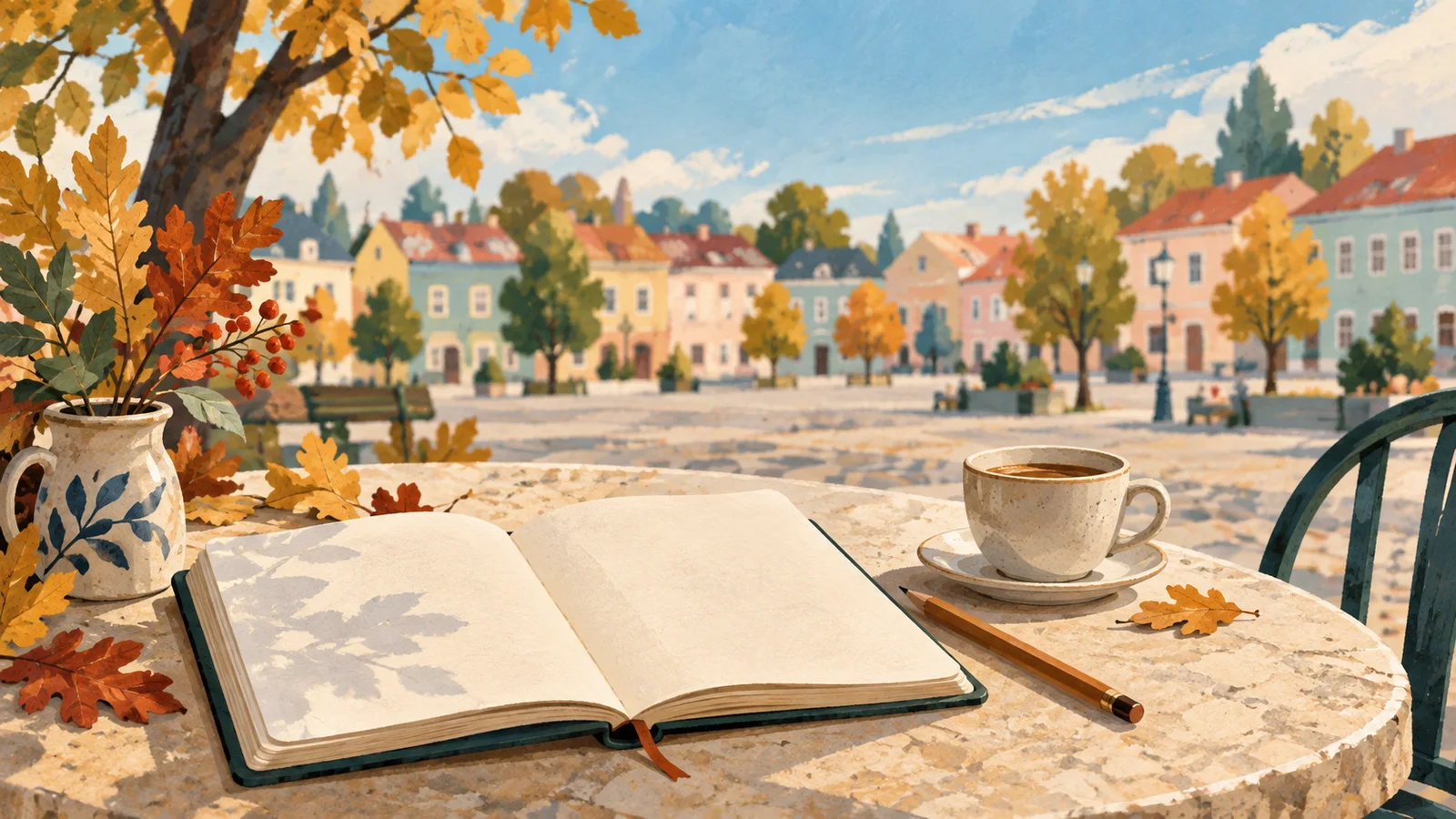 Poglądowa ilustracja jesiennej wycieczki: notes i kawa na tle umownego rynku